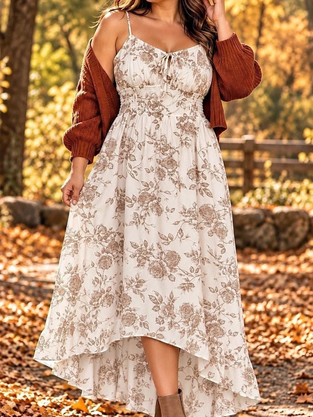 Inspired Hearts- Brown & Cream Floral Maxi Dress – Size Large